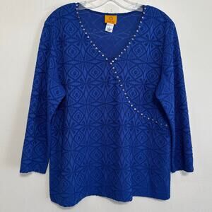 Ruby Rd. Blue Medallion Faux Wrap 3/4 Sleeve Shirt Large